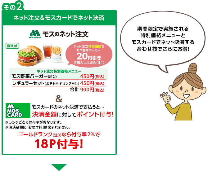 ネット注文&モスカードでネット決済 モス野菜バーガー450円 レギュラーセット(ポテトM・ドリンクM付) 450円 合計900円